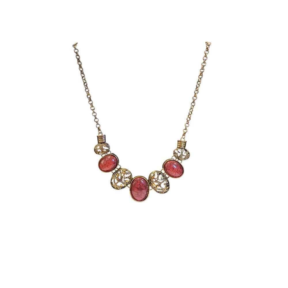 BOHO Red and Gold Oval Link Collar Necklace